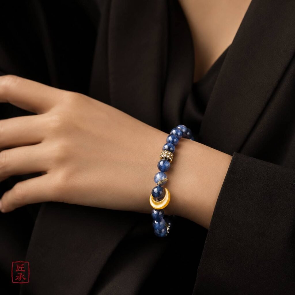 MOONFALL BLUE blue bead bracelet worn on the wrist