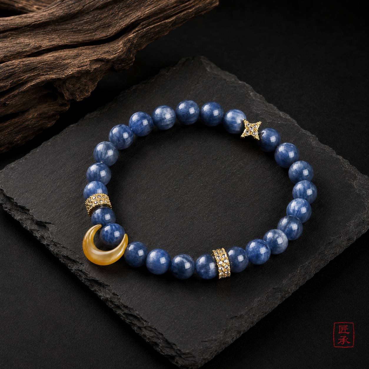 MOONFALL BLUE blue bead bracelet with crescent-shaped accent, full product view