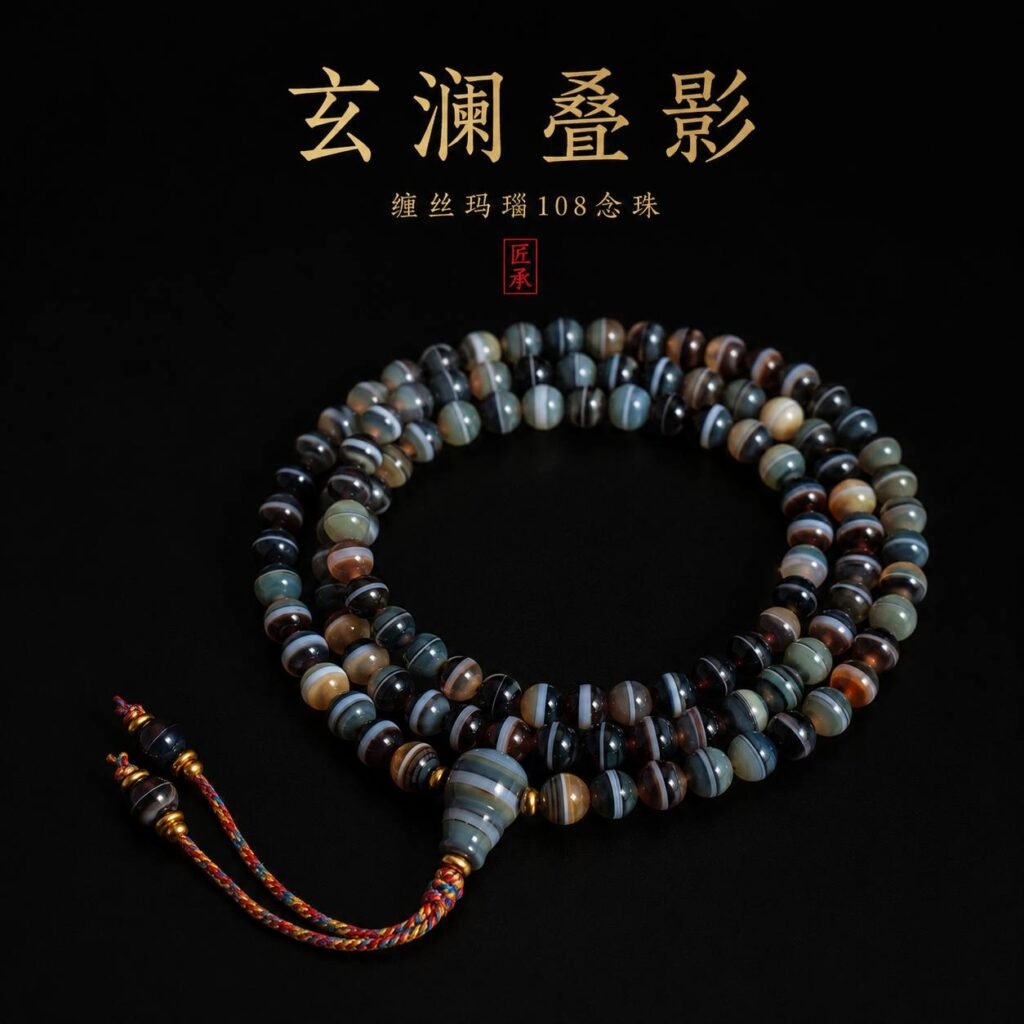 SHADOWED TIDES banded agate 108-bead mala title artwork and product display