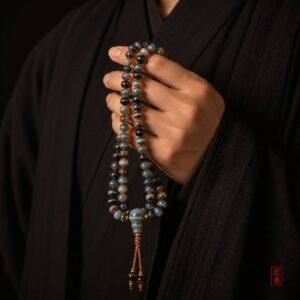 SHADOWED TIDES banded agate 108-bead mala held in the hand