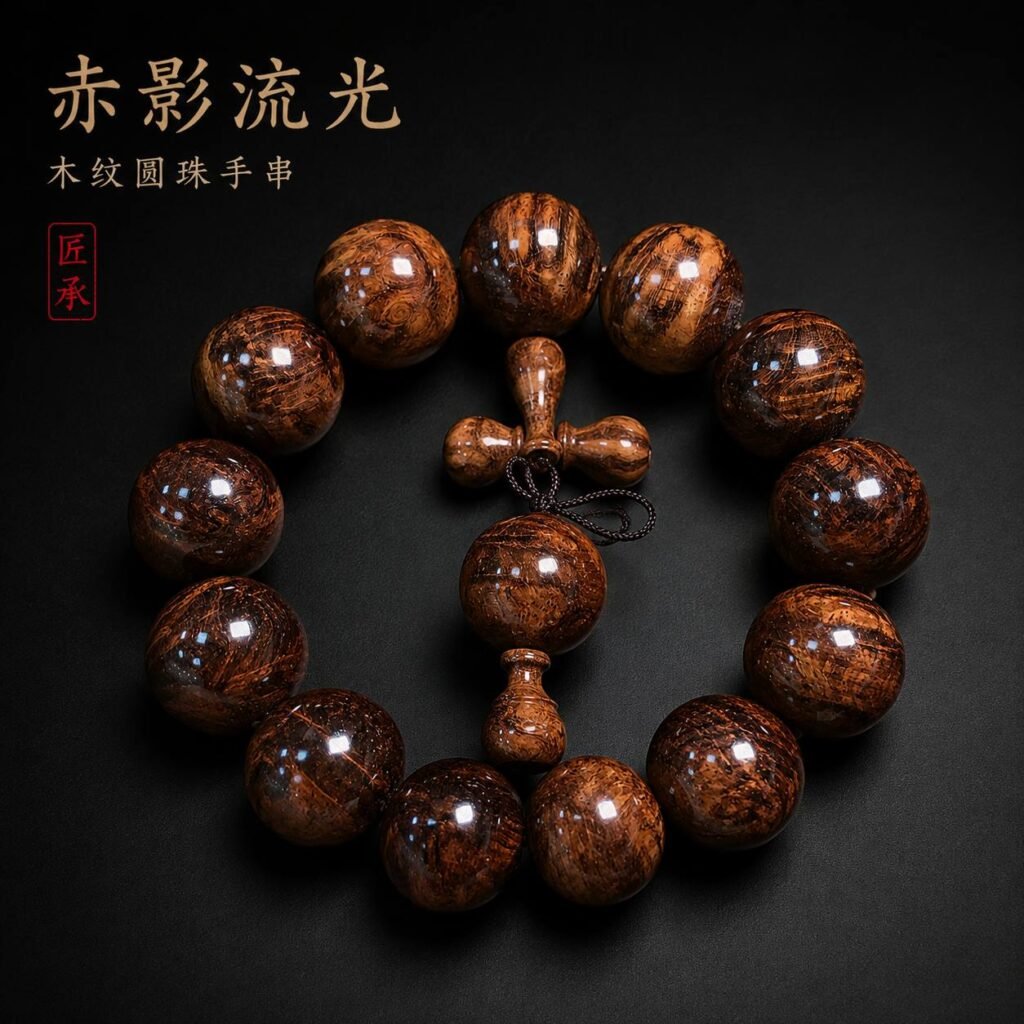 EMBER FLOW Huanghuali wood bead bracelet title artwork and product display