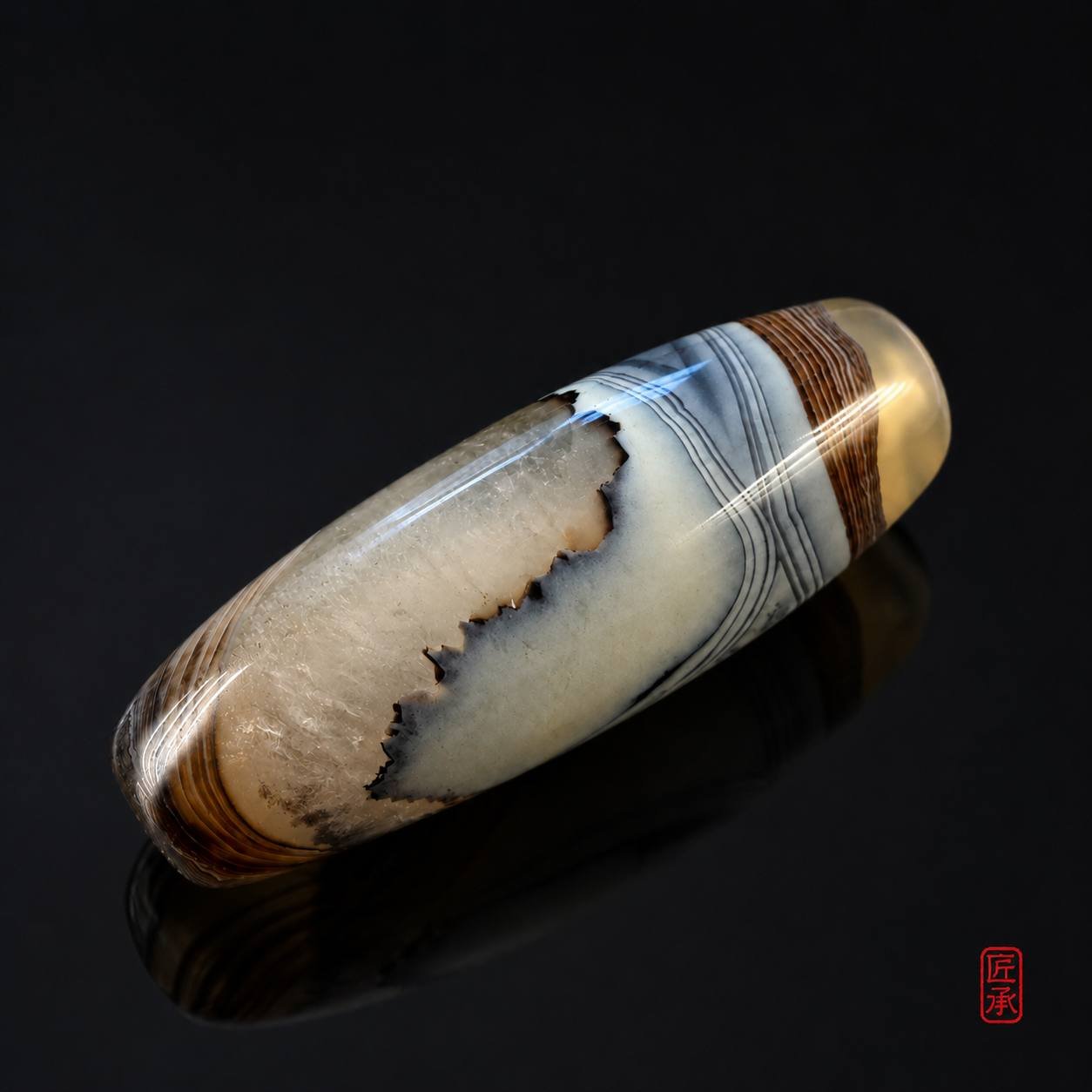 CLOUD VEIL polished agate barrel bead, full product view