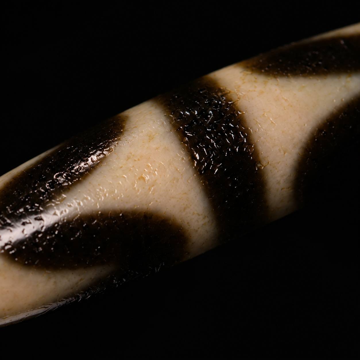 Close-up detail of Tiger Tooth Dzi bead surface and geometric motif