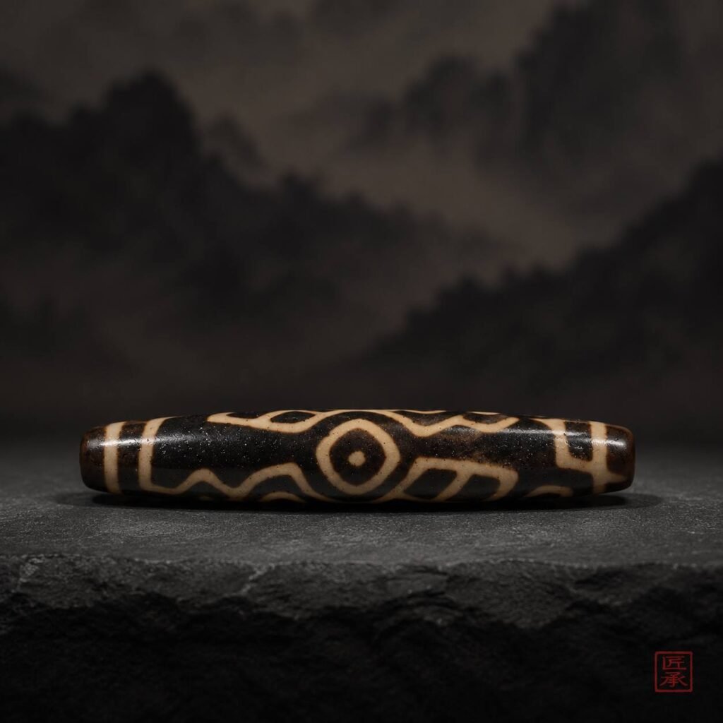 Side view of Tibetan Echo Bhutan Double Fish Dzi Bead