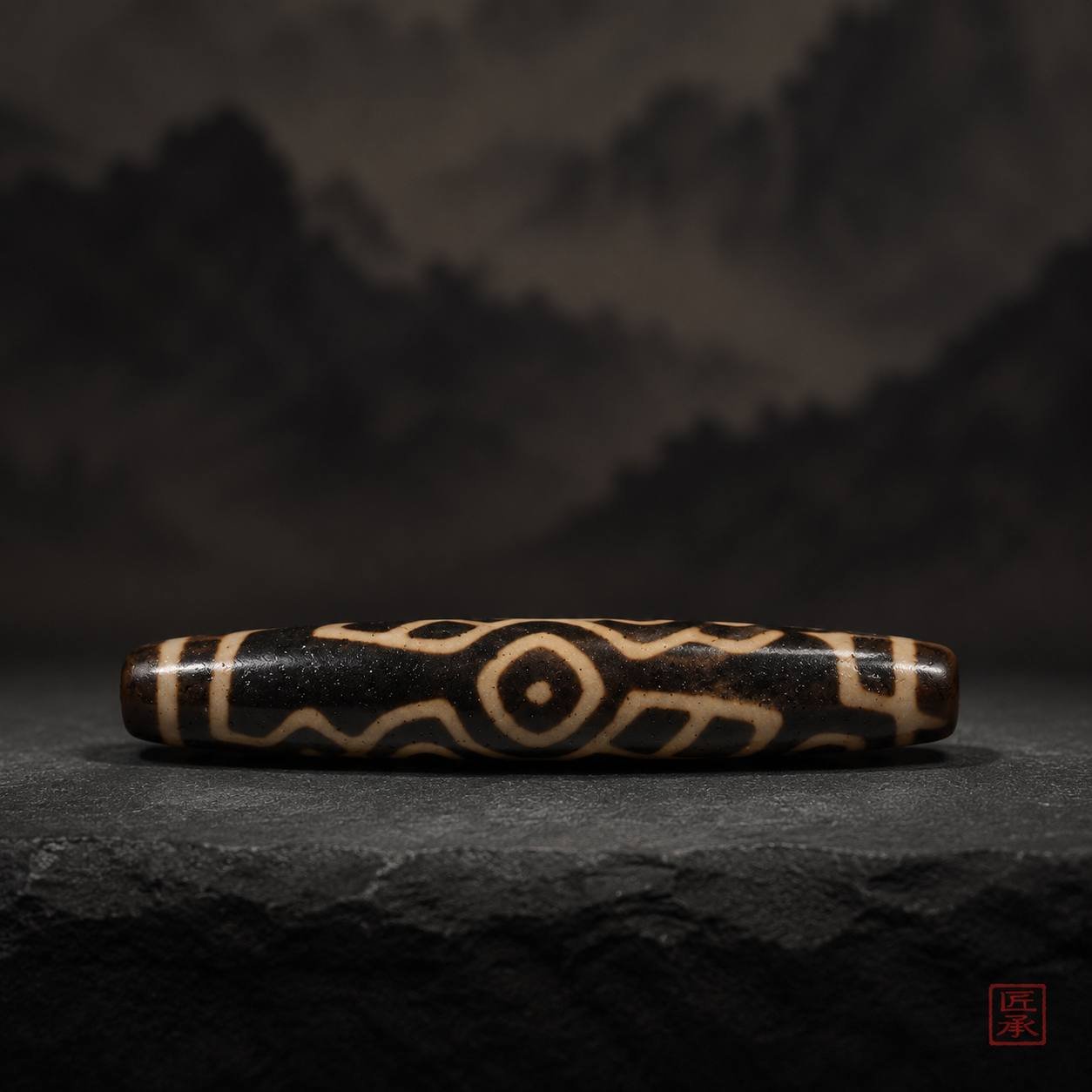 Side view of Tibetan Echo Bhutan Double Fish Dzi Bead