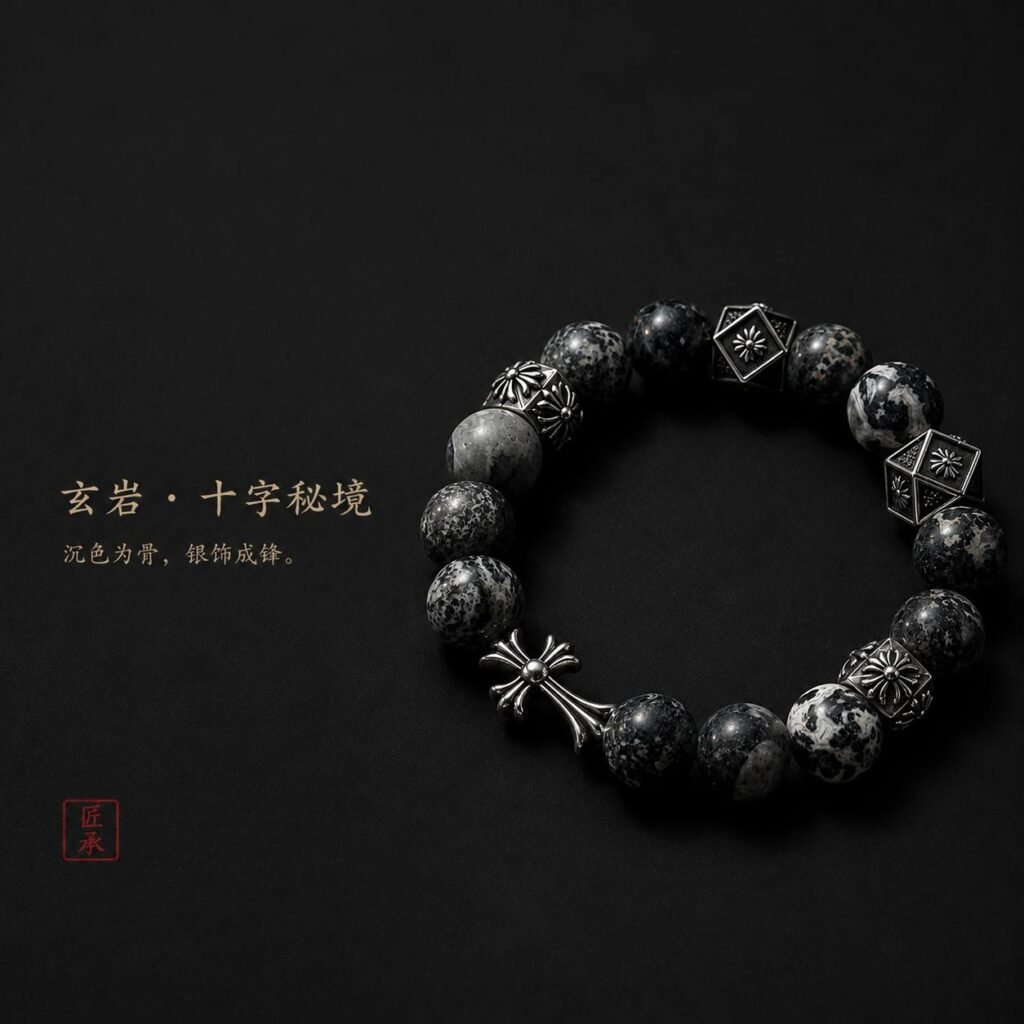 Black obsidian bracelet with sculptural silver-toned geometric accent