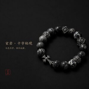 Black obsidian bracelet with sculptural silver-toned geometric accent