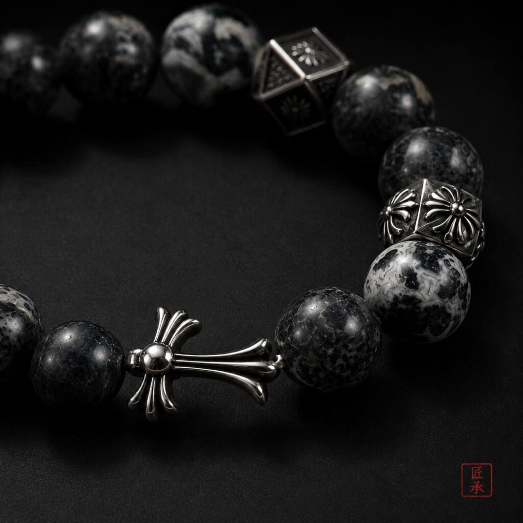 Close-up of black obsidian beads and cross-shaped focal accent