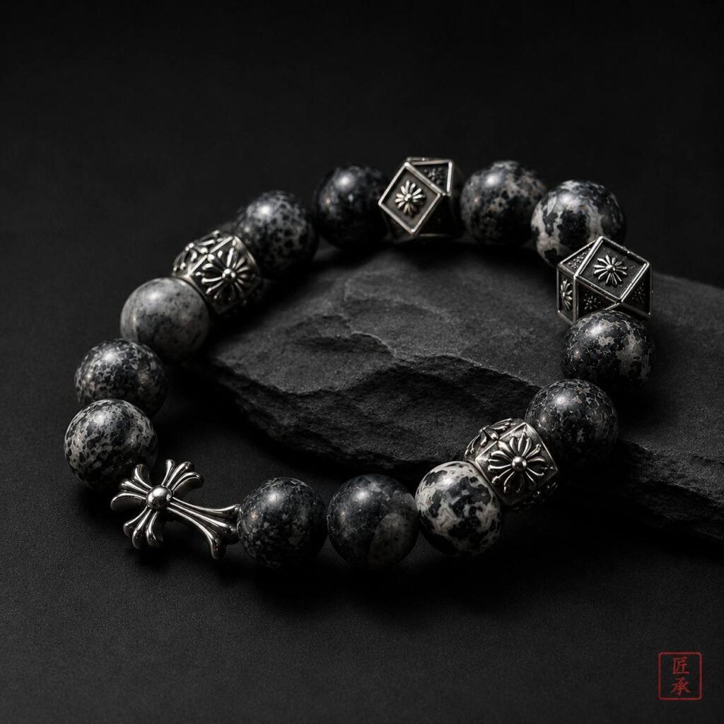 Black obsidian bead bracelet with decorative metal-toned components