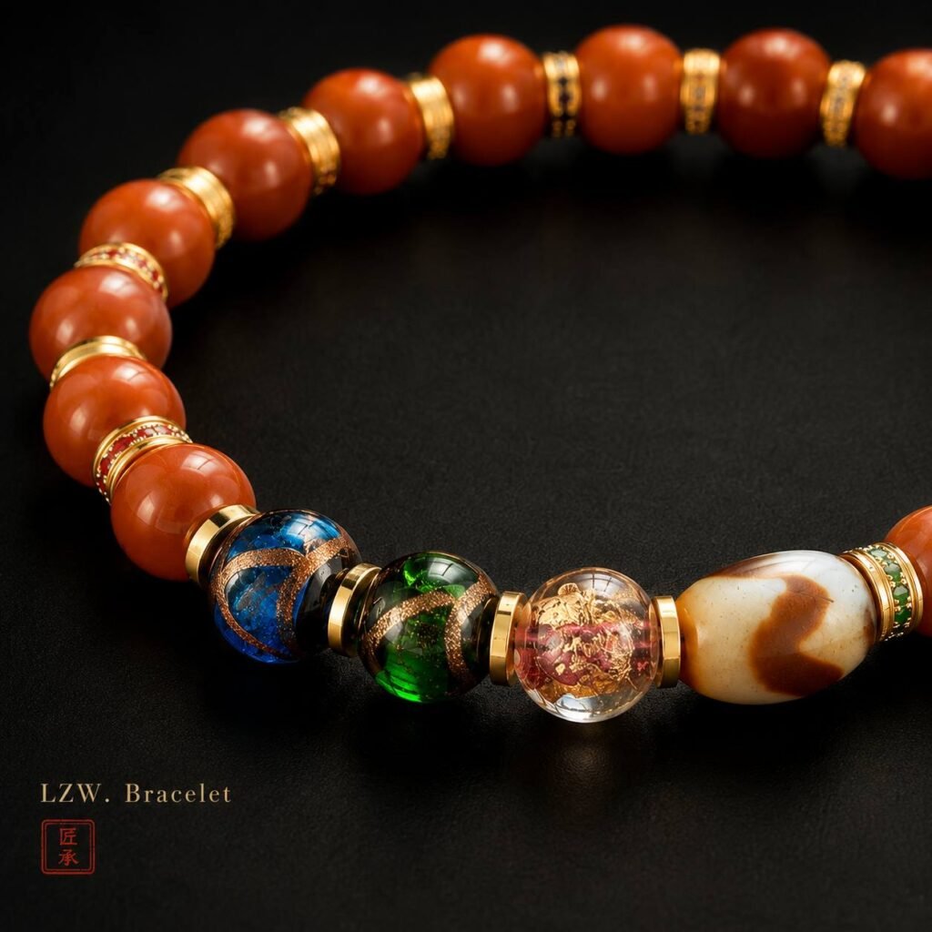 Red Aura bracelet with colorful accent bead details