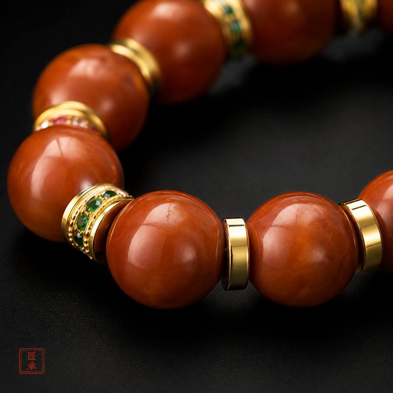 Close-up of warm red bracelet beads and decorative spacers