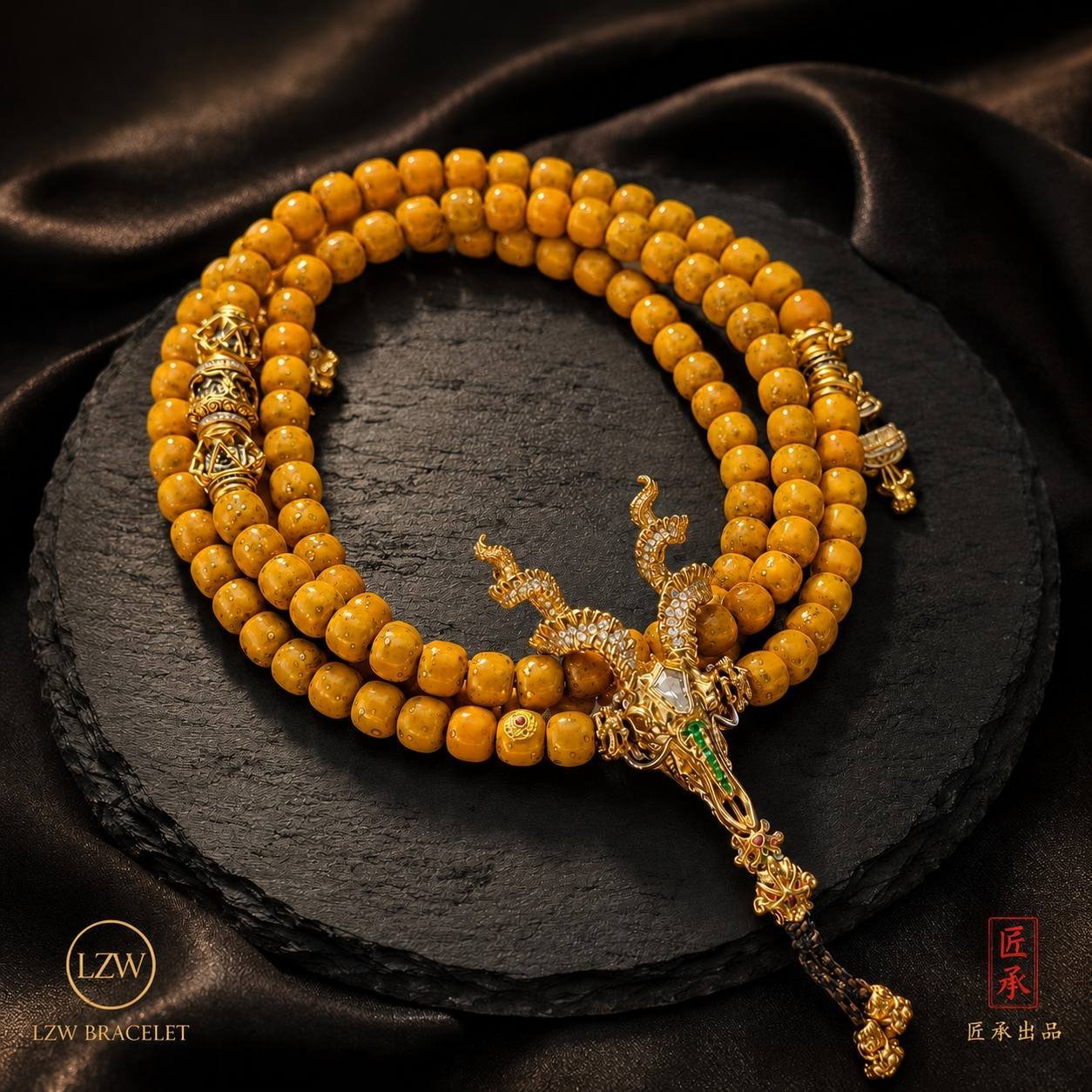 Close-up of amber-toned beads and ornate dragon pendant