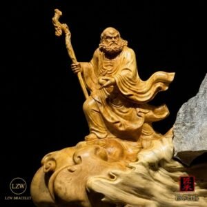 Close-up of Bodhidharma and natural wood and stone details