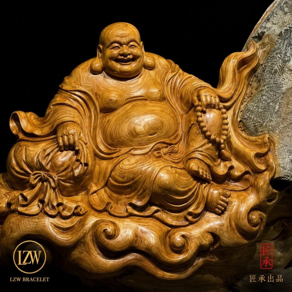 Close-up of carved Maitreya Buddha and natural stone details