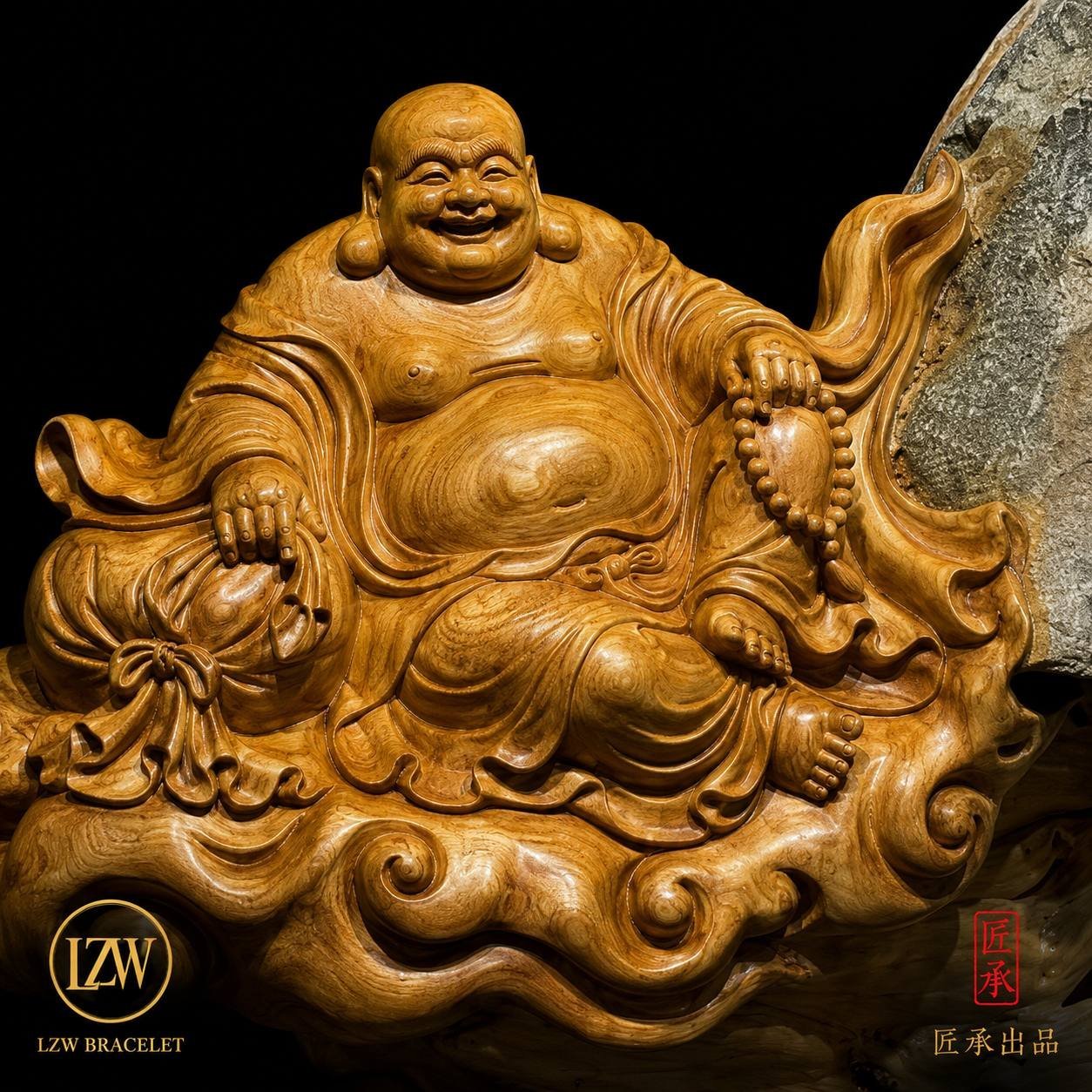 Close-up of carved Maitreya Buddha and natural stone details