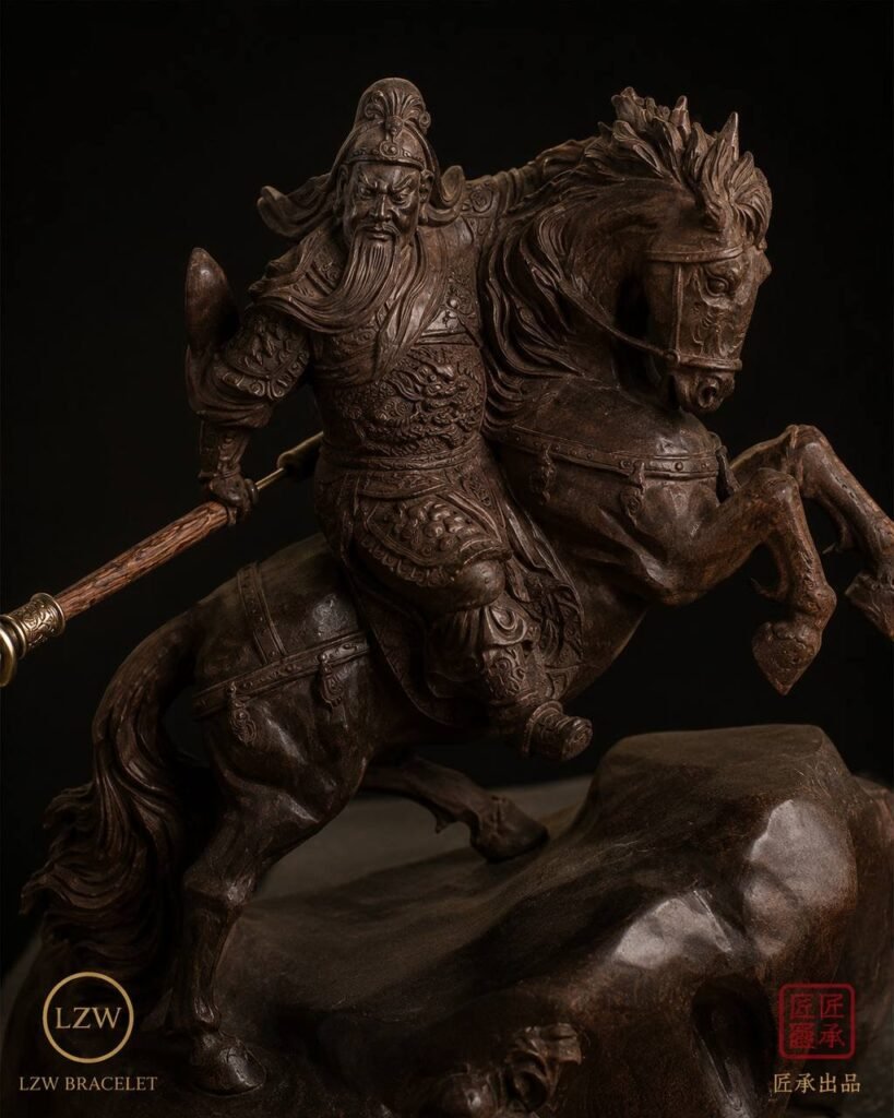 Detailed Guan Yu horse and warrior wood sculpture