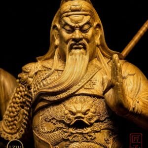 Detailed Guan Yu face and dragon-pattern armor carving