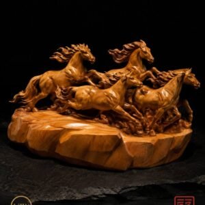Eight horses wood carving with mountain-style base