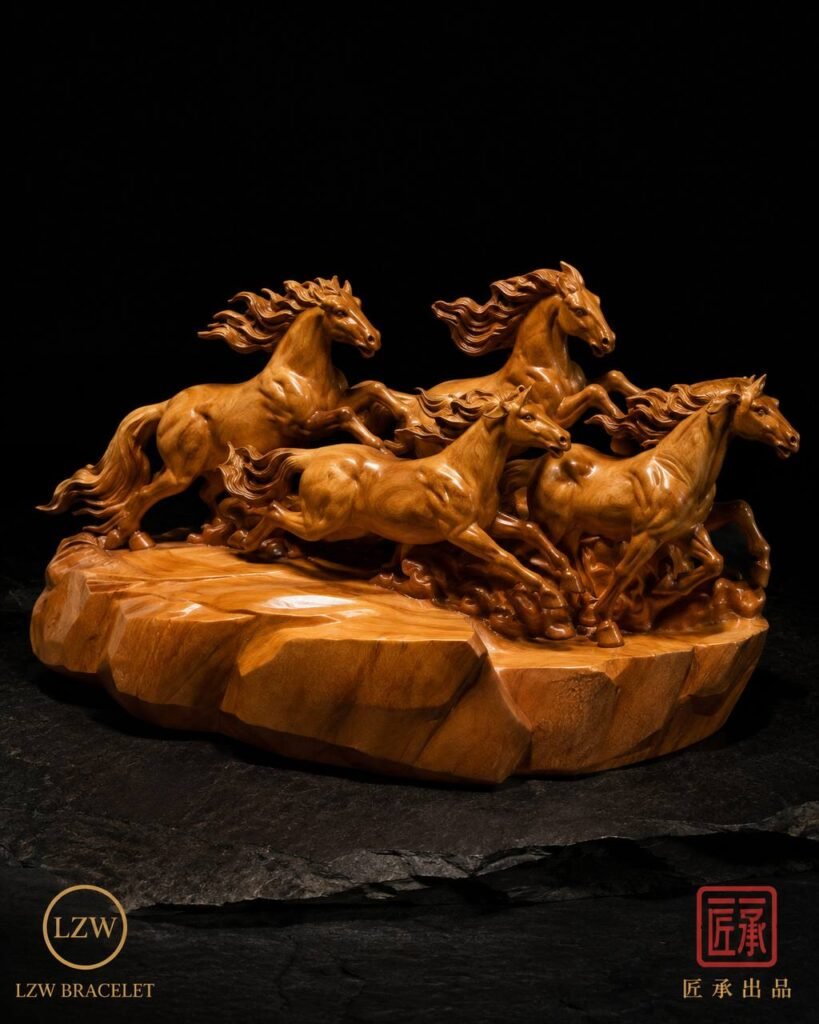 Eight horses wood carving with mountain-style base