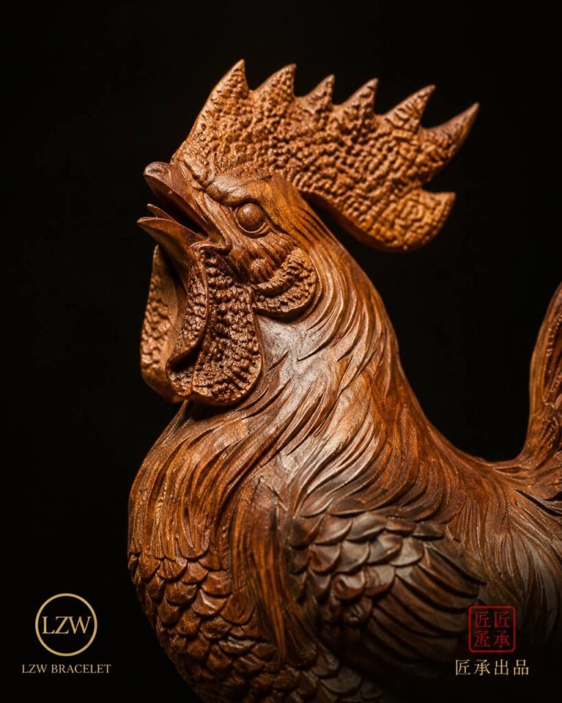 Close-up of rooster crest and carved feather details