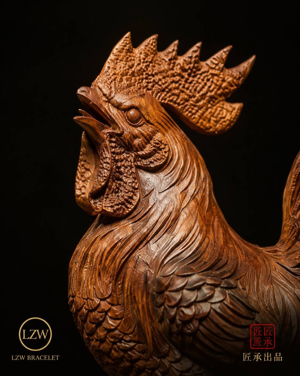 Close-up of rooster crest and carved feather details