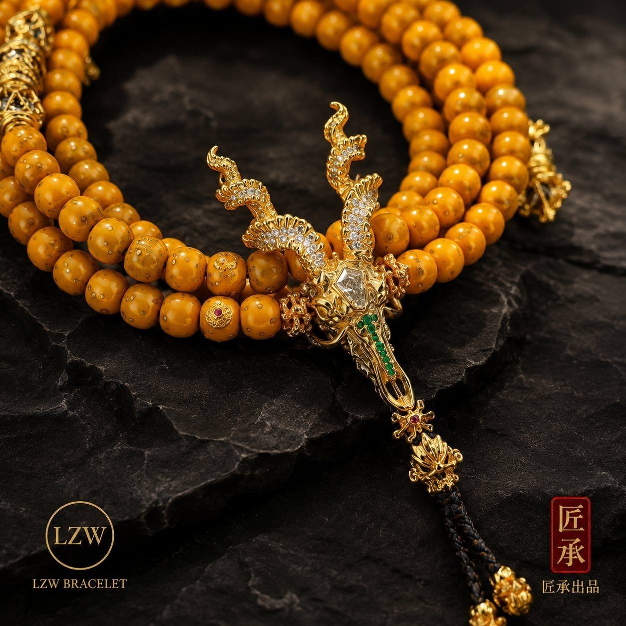 Detailed view of the dragon pendant and amber beads
