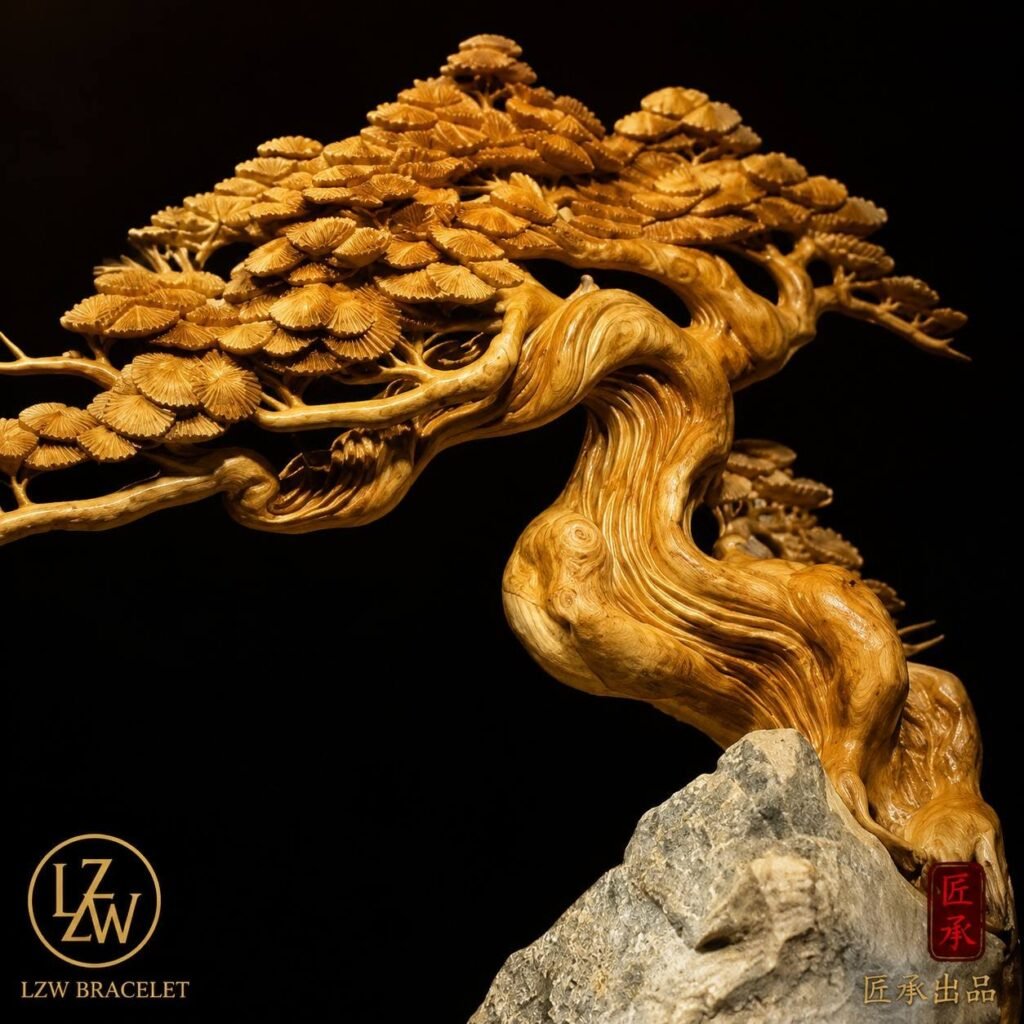 Detailed warrior carving and natural wood texture