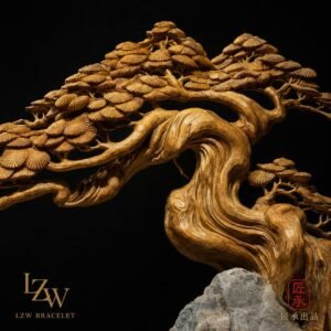Detailed carving of Bodhidharma and ancient pine branches