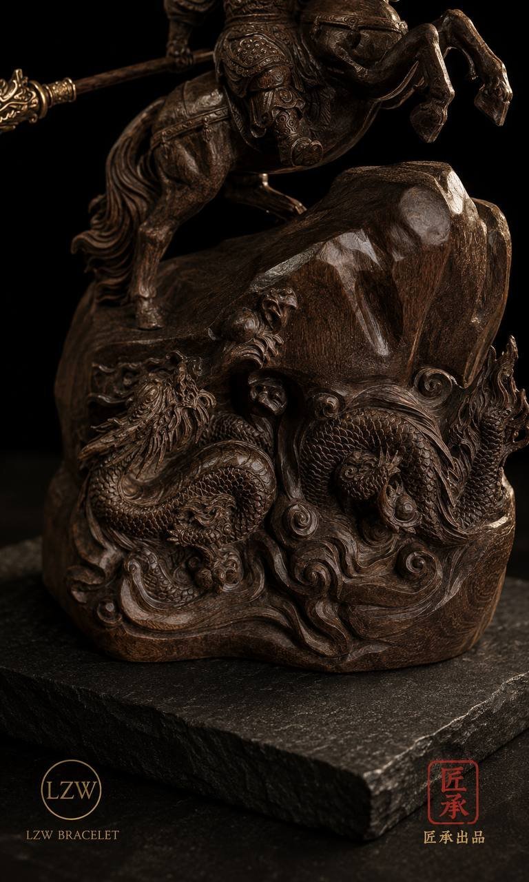 Close-up of twin dragons and cloud motifs in dark wood