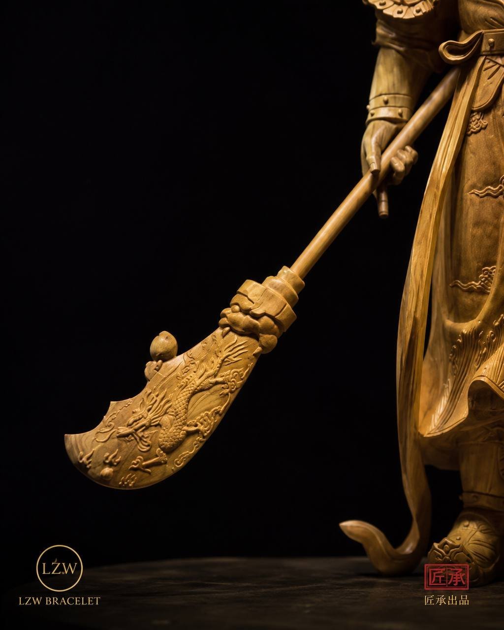 Close-up of Guan Yu dragon armor and long-bladed weapon