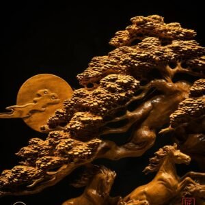 Close-up of carved horses and ancient pine details