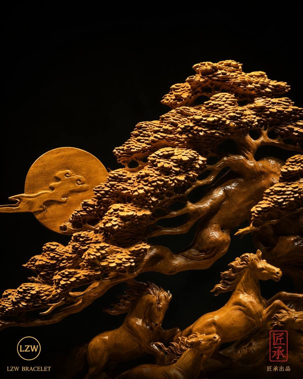 Close-up of carved horses and ancient pine details