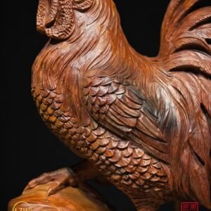 Layered feather carving on majestic rooster wood sculpture