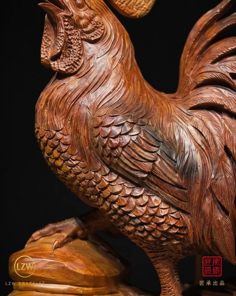 Layered feather carving on majestic rooster wood sculpture