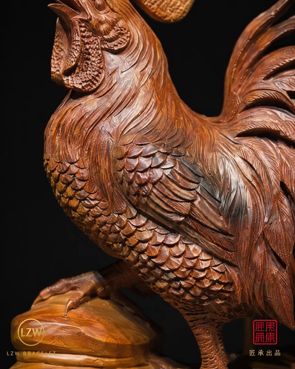 Layered feather carving on majestic rooster wood sculpture