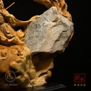 Natural stone structure integrated into Guan Yu wood sculpture