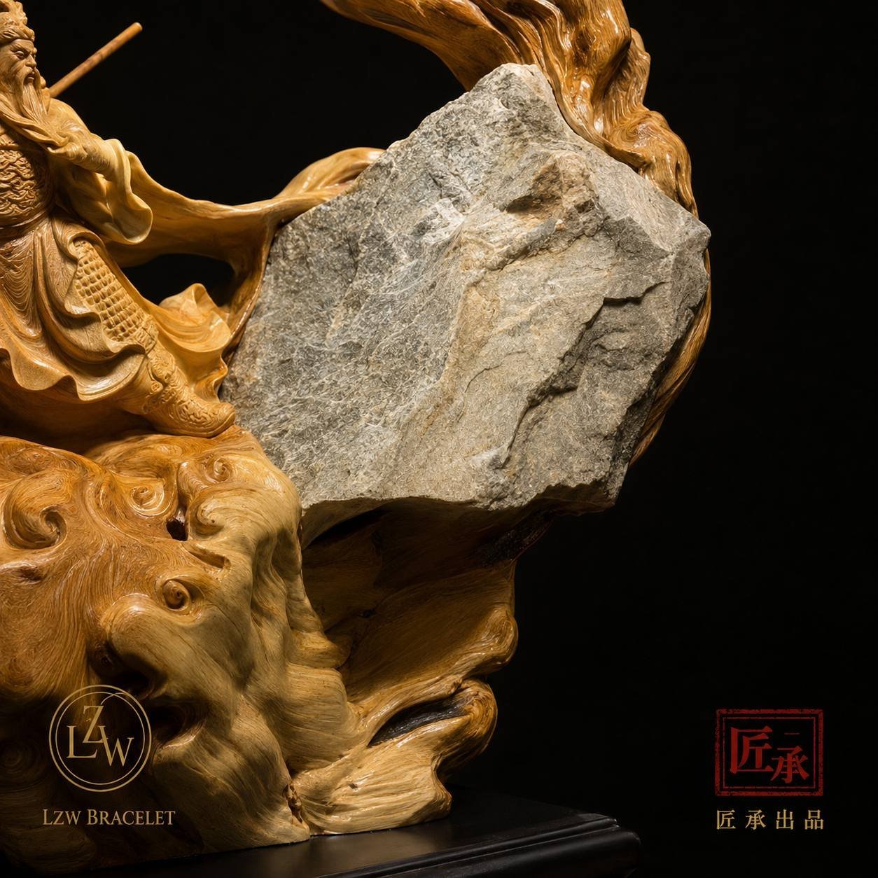 Natural stone structure integrated into Guan Yu wood sculpture