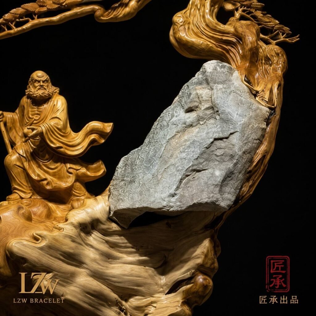 Natural stone and carved pine structure of the sculpture