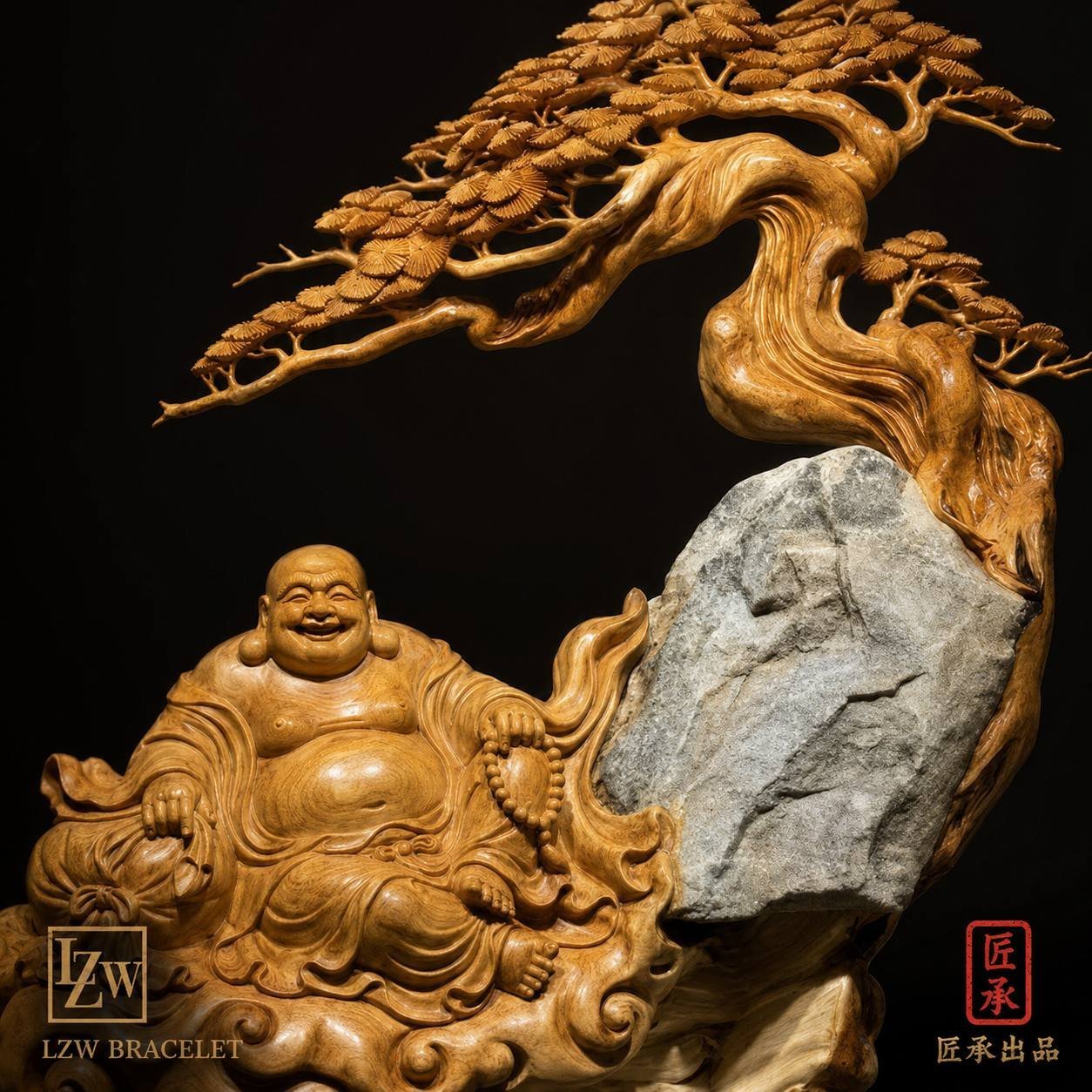 Welcoming pine branches and carved Buddha sculpture
