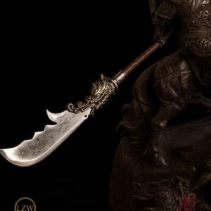 Dragon carving and long blade detail of Guan Yu sculpture