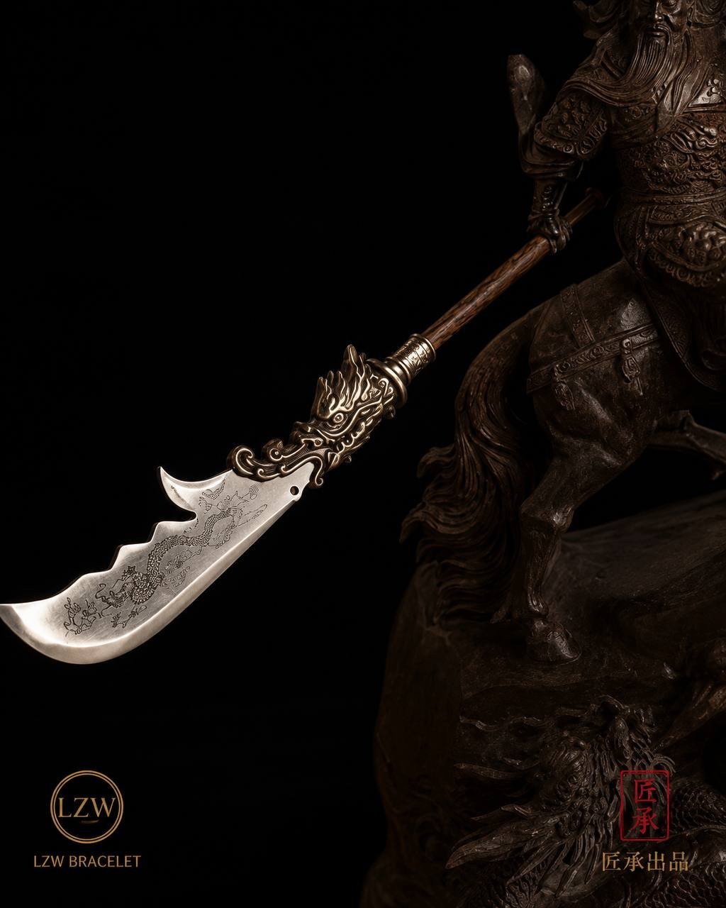Dragon carving and long blade detail of Guan Yu sculpture