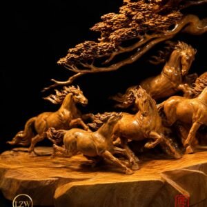 Carved galloping horse details in natural wood