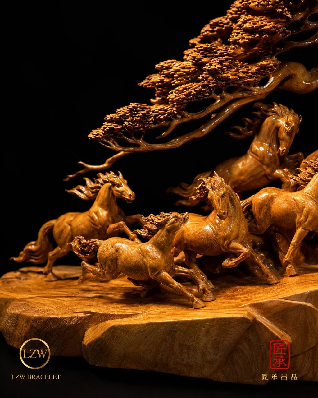 Carved galloping horse details in natural wood