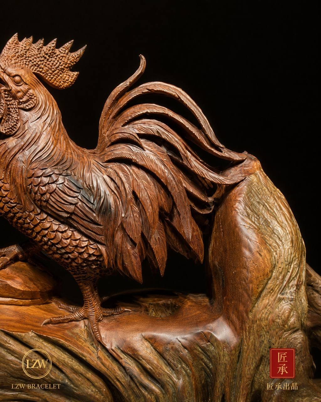 Flowing tail plumage and natural wood grain on rooster sculpture