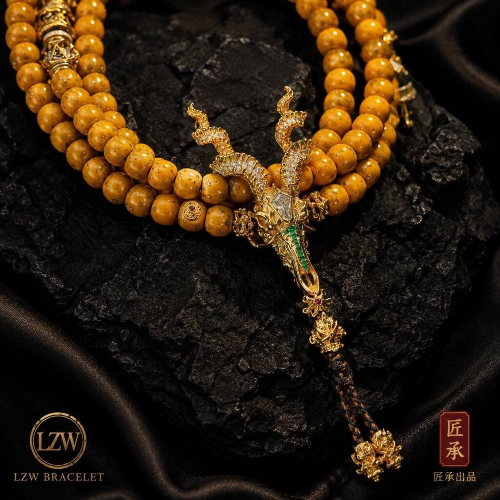 AMBER DRAGON mala necklace arranged on black slate