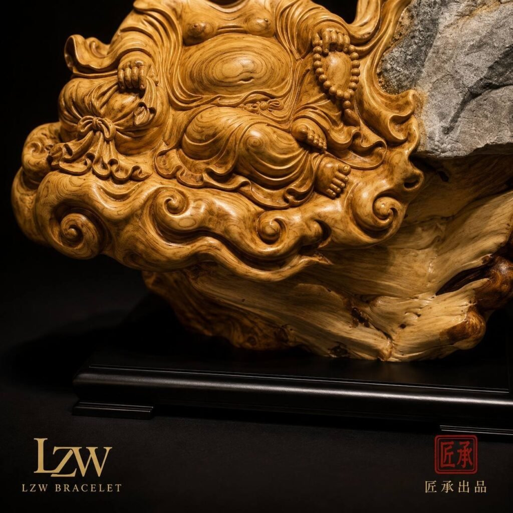 Bodhidharma and welcoming pine wood and natural stone sculpture