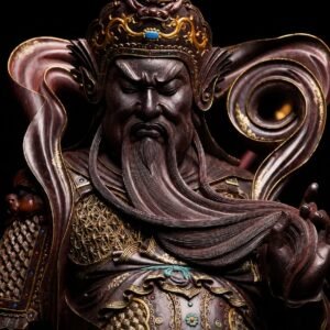Close-up of Guan Yu dragon-pattern armor and gold-toned details