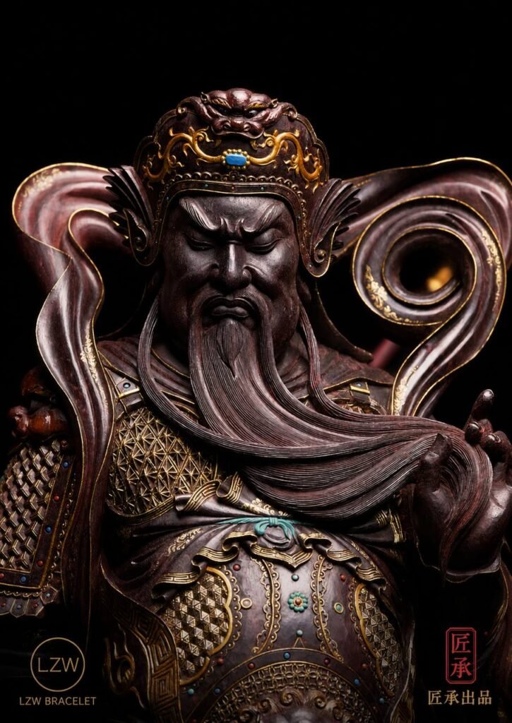Close-up of Guan Yu dragon-pattern armor and gold-toned details