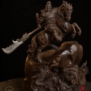 Guan Yu horse and twin dragon sculpture displayed on a base