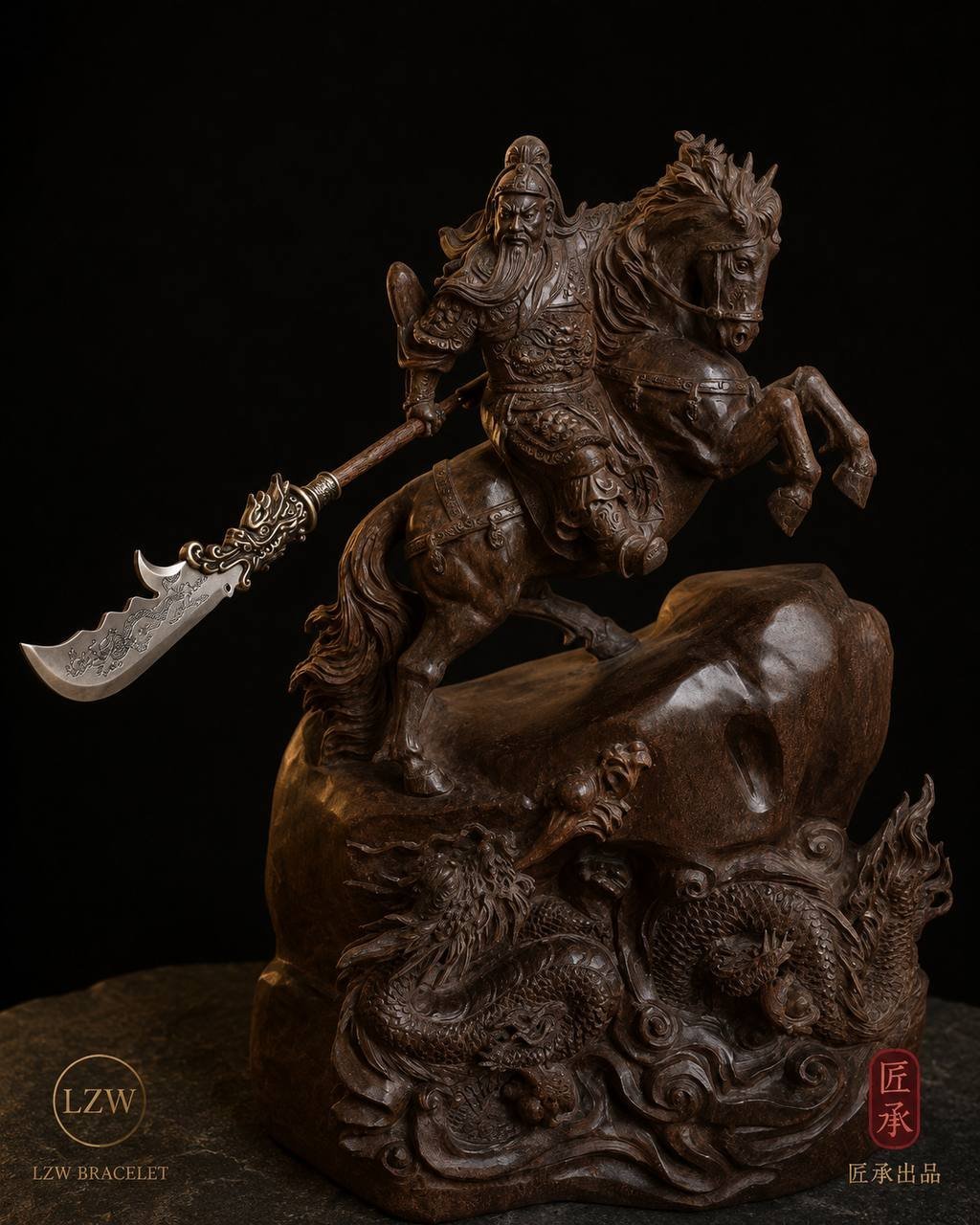Guan Yu horse and twin dragon sculpture displayed on a base